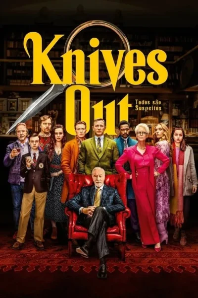 Pôster: Grande elenco diverso em uma mansão luxuosa. Um homem mais velho senta-se numa poltrona vermelha, rodeado por 11 pessoas, em pose de mistério.