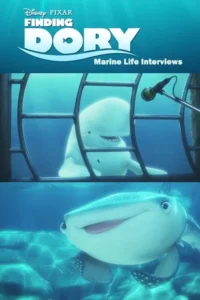 Pôster animado. Um beluga sorridente atrás de barras com um microfone. Abaixo,um tubarão-baleia sorridente submerso.