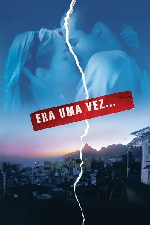 Era uma Vez... 1 Pôster dividido:casal romântico azul no topo,cityscape do Rio ao anoitecer embaixo. Uma fenda dramática separa os mundos.