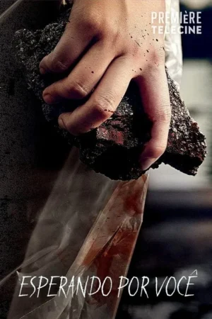 Uma mão com manchas de sangue segura uma pedra escura. Abaixo, saco plástico transparente com marcas de sangue. Atmosfera sombria e violenta.