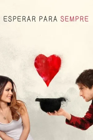 Mulher sorri para homem que oferece chapéu preto. Um grande coração vermelho pintado paira acima, como se fosse cair no chapéu. Clima romântico.