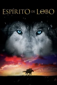 Rosto de lobo de olhos azuis brilhantes no topo. Abaixo,céu dramático em tons de pôr do sol com um cavaleiro galopando.