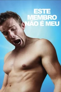 Um homem sem camisa,com boca aberta e olhos semicerrados em choque cômico,contra um fundo azul vibrante.