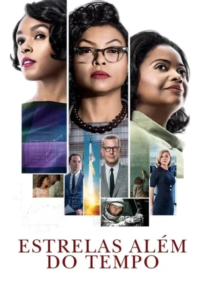 Três mulheres negras em destaque. Imagens de foguetes, astronautas e cientistas. Clima histórico de superação e ciência.