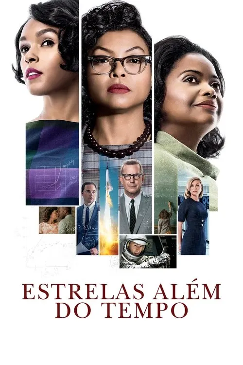 Três mulheres negras em destaque. Imagens de foguetes,astronautas e cientistas. Clima histórico de superação e ciência.