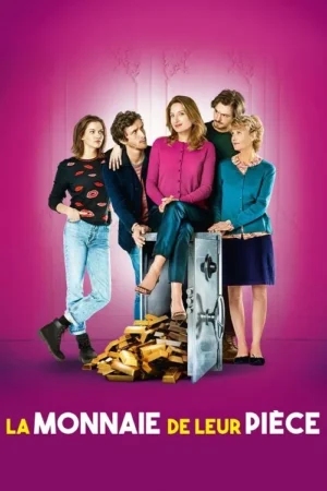 Em fundo rosa vibrante, cinco pessoas com expressões variadas. Uma mulher senta num cofre aberto transbordando barras de ouro.