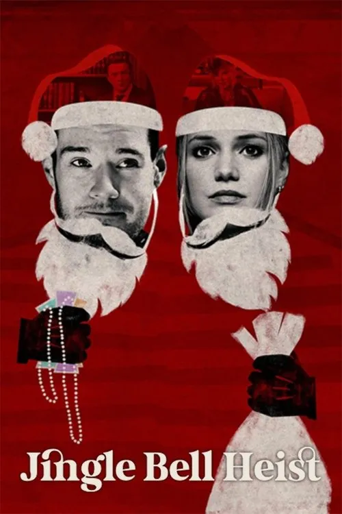 Pôster vermelho:Homem e mulher sérios com chapéus e barbas de Papai Noel. Mãos enluvadas seguram dinheiro,pérolas e um saco. Clima de assalto natalino.