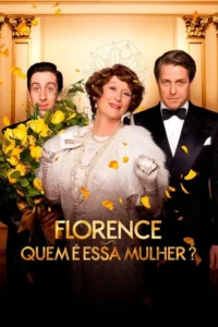 Uma mulher elegante com pérolas e coroa,entre dois homens de terno. Um com buquê de flores,o outro sério. Pétalas caem.