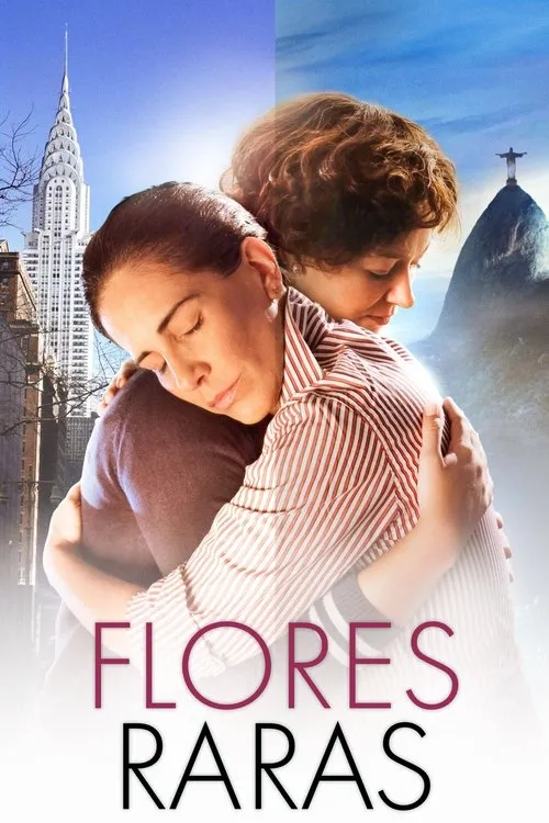 Flores Raras 1 Duas mulheres se abraçam. Cenário dividido:arranha-céu de Nova York e Cristo Redentor do Rio. Amor à distância.