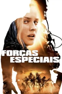 Pôster com rosto de mulher tensa e loira em destaque. Abaixo,silhuetas de militares armados em ação no deserto,sob luz quente e clima sério.