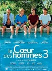 Quatro homens sorridentes e relaxados sentam na beira de uma piscina, com os pés na água. Fundo verde. Clima amigável de verão.