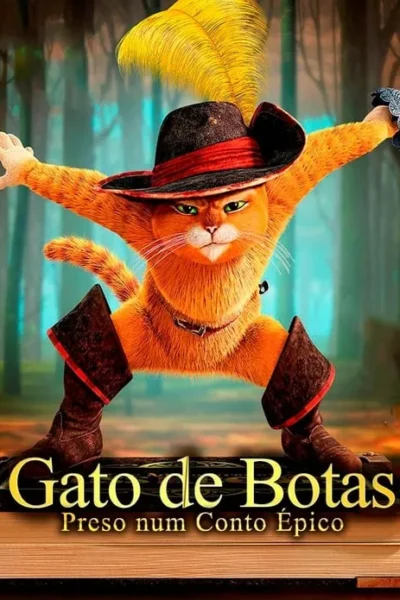 Gato laranja destemido, de chapéu com pena e botas, em pose de ação com olhar sério, contra fundo de floresta.