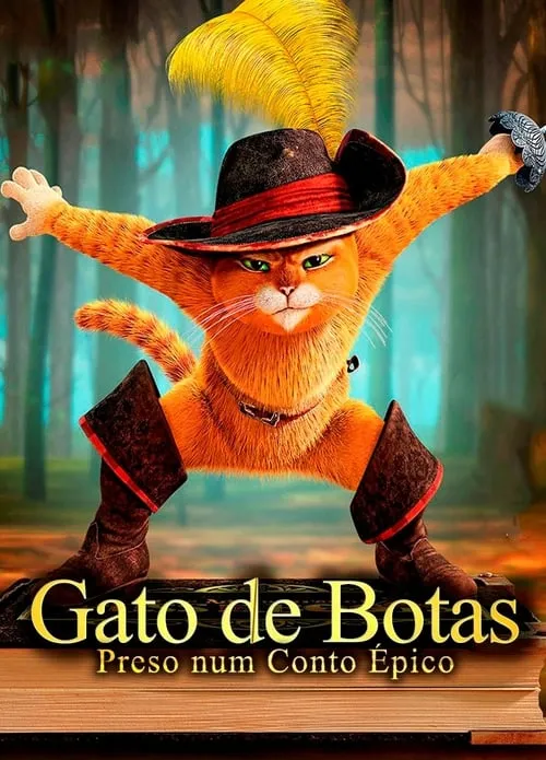 Gato laranja destemido,de chapéu com pena e botas,em pose de ação com olhar sério,contra fundo de floresta.