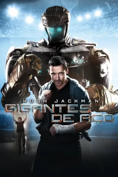 Um homem determinado com ataduras de boxe, um robô gigante com olhos azuis brilhantes e um menino, em cenário de luta.