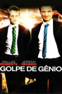 Dois homens de terno. Um sério com gravata verde,o outro sorrindo com gravata azul,segurando uma arma. Fundo urbano.