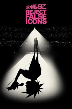 Silhueta de cantor em palco escuro com foco de luz. Público lotado ao fundo. Sua sombra é um personagem cartoon invertido.