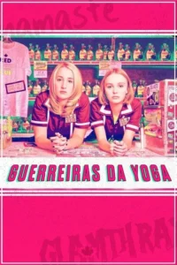 Duas jovens sérias,em uniformes vermelhos,atrás de um balcão de loja iluminada por neon,com prateleiras cheias. Ambiente vibrante e pop.