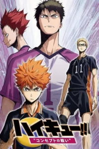 Pôster anime:4 jogadores de vôlei. Um ruivo determinado com a bola. Outros 3 ao fundo em pose séria/competitiva. Fundo dinâmico.