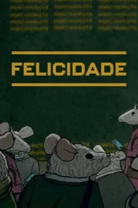 Ilustração de ratos antropomórficos em uma multidão,alguns com celulares,sobre fundo verde escuro e padrões digitais.