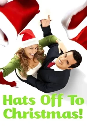 Casal sorridente em pose natalina: ela de chapéu de Papai Noel, ele de terno. Vários chapéus vermelhos flutuam ao redor em fundo branco.