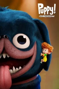 Cachorro gigante azul sorri com a língua de fora. Um menino ruivo alegre se agarra à sua cabeça. Pôster animado e divertido.