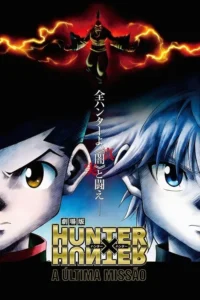 Pôster de anime. Vilão ameaçador flutua com raios, acima de dois jovens heróis de olhos atentos, prontos para a batalha.