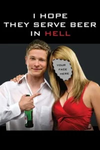 Um homem sorridente com cerveja aponta para uma mulher de vestido vermelho com rosto genérico YOUR FACE HERE. Clima de comédia festiva e irreverente.
