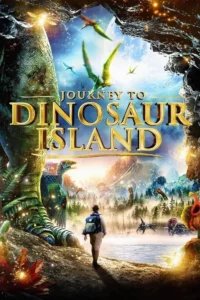 Pôster:Um aventureiro caminha por uma caverna para uma ilha jurássica com dinossauros,vulcões e florestas,sob um céu mágico.