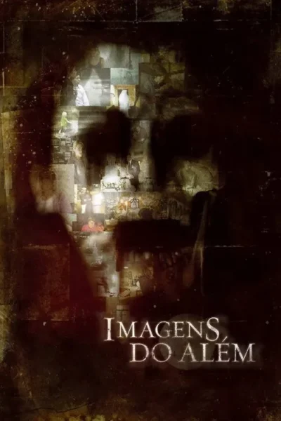 Pôster escuro e texturizado. Um rosto humano fantasmagórico é composto por um mosaico de fotos de pessoas e cenas diversas. Clima misterioso e assustador.