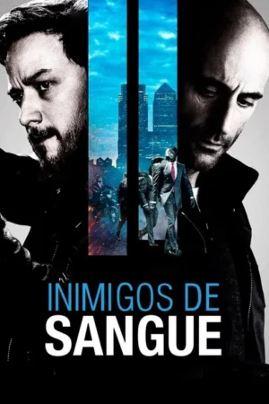 Pôster: Dois homens sérios (um barbudo, outro careca) em P&B. Ao centro, cidade azul dividida com cenas de perseguição e ternos.