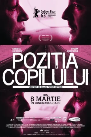 Pôster magenta com dois perfis de rostos sérios se encarando acima e se afastando abaixo, divididos por uma estrada vazia.