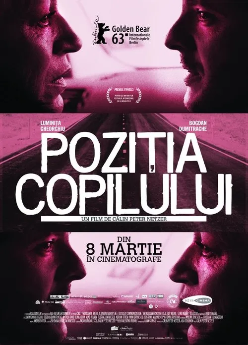 Instinto Materno 1 Pôster magenta com dois perfis de rostos sérios se encarando acima e se afastando abaixo,divididos por uma estrada vazia.