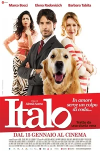 Pôster:Três adultos e um golden retriever feliz em fundo branco. Um homem sério ao centro,ladeado por duas mulheres (uma pensativa,outra sorrindo). Clima leve.
