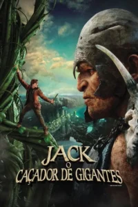 Jovem com adaga escala feijoeiro gigante. Um enorme gigante de capacete observa à direita,sobre um cenário de cidades flutuantes. Aventura fantástica.