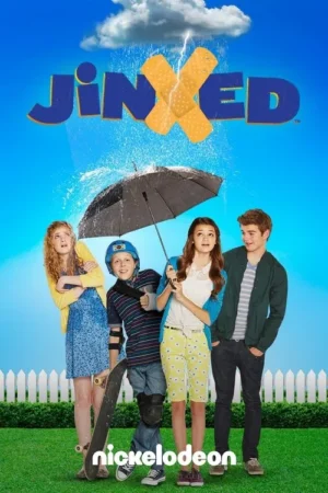 Quatro jovens, dois meninos e duas meninas, sob um guarda-chuva encharcado. Um relâmpago no céu azul claro. Clima cômico de azar.