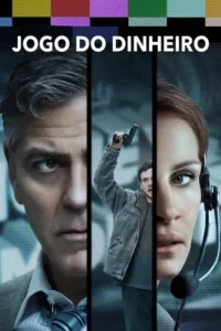 Três faces intensas em um pôster dividido: homem sério, outro apontando uma arma, e mulher de headset. Fundo com estática de TV, clima de thriller.