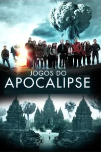 Grupo de jovens em pé diante de múltiplas explosões nucleares e ruínas antigas. Pôster com clima sombrio e apocalíptico.