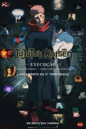 Pôster anime: Jovem de cabelo rosa e outro de costas à frente. Fundo escuro com muitas cenas e personagens. Clima intenso.