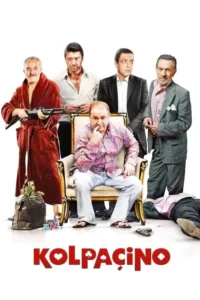 Pôster: 6 homens, um de roupão com espingarda, outro em trono. Um corpo caído, dinheiro e armas no chão. Clima de crime cômico.