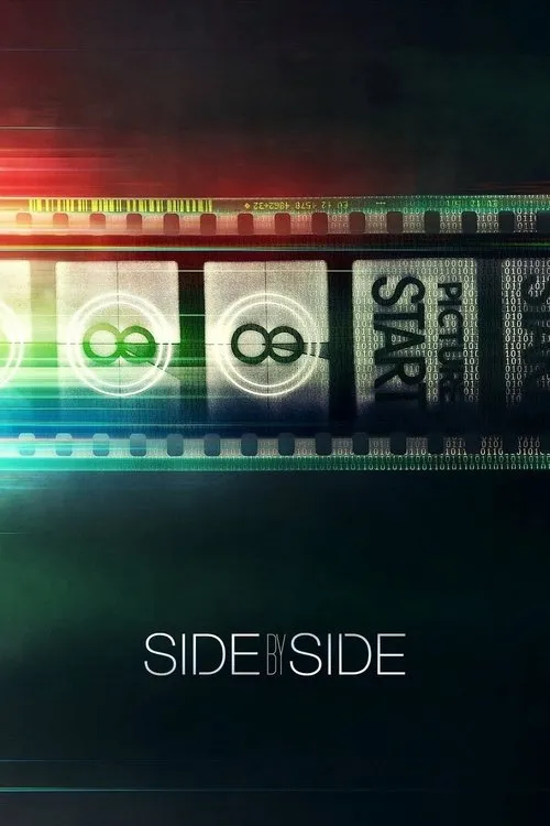 Fita de filme digitalizada com símbolos de infinito e código binário sobre fundo escuro com luzes vermelhas e verdes. Clima tecnológico.