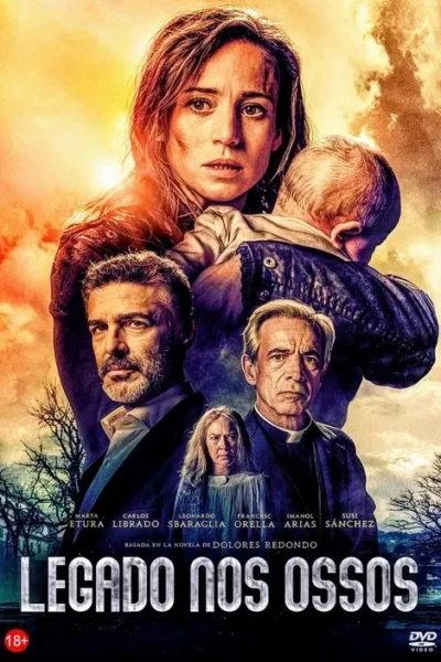 Mulher com bebê no colo, olhar aflito. Abaixo, personagens sérios: um padre, homem barbudo. Céu dramático, fundo escuro com árvores.