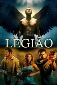 Pôster de ação e fantasia. Um homem musculoso de asas escuras olha para cima,sob luz. Três pessoas armadas e alertas à frente,em cenário desolado.