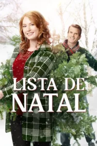 Pôster natalino:Mulher ruiva sorridente de casaco xadrez e homem sorridente. Ambos seguram árvores de Natal em cenário nevado e festivo.