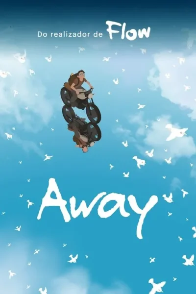 Jovem em moto com mochila, refletido como se pairasse no céu azul claro. Pássaros brancos voam ao redor, transmitindo liberdade.