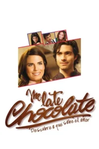 Pôster branco. Um casal sorridente em destaque, com três faces menores acima. Clima romântico e leve, com fonte em relevo de chocolate.