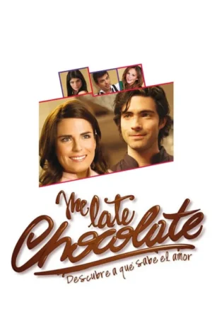 Pôster branco. Um casal sorridente em destaque, com três faces menores acima. Clima romântico e leve, com fonte em relevo de chocolate.