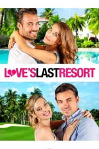 Dois casais sorridentes e abraçados em cenários tropicais. Em cima, um resort com piscina; embaixo, um campo de golfe. Clima romântico.