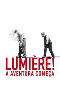 Pôster p&b: Homem com chapéu e vara que emite luz, seguido por menino atento, sobre uma linha. Fundo branco. Estilo vintage.