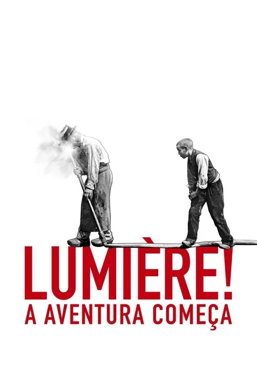 Pôster p&b: Homem com chapéu e vara que emite luz, seguido por menino atento, sobre uma linha. Fundo branco. Estilo vintage.