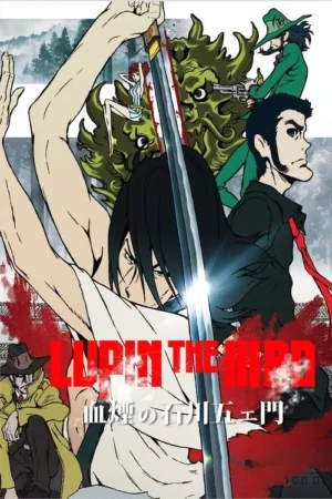 Pôster de anime. Um espadachim sério com katana. Outros personagens, um monstro e respingos de sangue sob uma floresta nublada. Clima de ação e perigo.